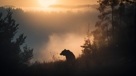 Silhouette of a wild bear in the forest at sunrise.の素材