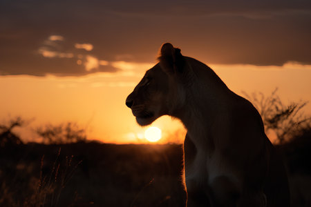 Lioness at sunset in Kruger National Park, South Africa; Specie Panthera leo family of Felidaeの素材