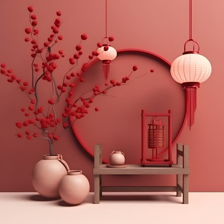 3d render of Chinese New Year Decorations in red roomの素材