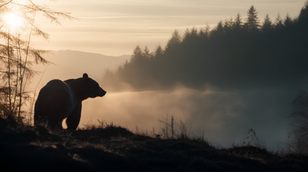 Silhouette of a bear on the background of foggy forestの素材