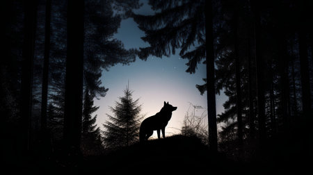 Silhouette of wolf in the forest at night. Vector illustrationの素材