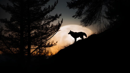 Silhouette of a wolf against the background of the setting sunの素材