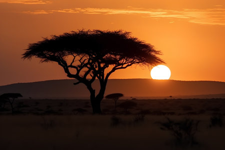 African savannah with acacia trees at sunset, Kenya, Africaの素材