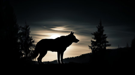 Silhouette of wolf on a background of the sunset in the mountainsの素材
