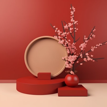 3d render of podium for product display with cherry blossom branchの素材