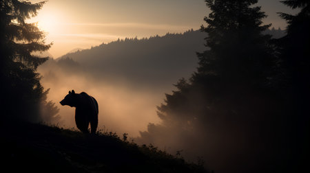 Silhouette of a wild bear in the mountains at sunset.の素材