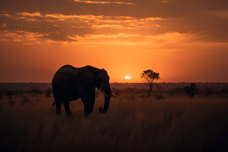 Elephant in the savannah at sunset, 3D render.の素材