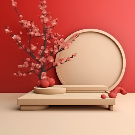 3d render of podium for product display with cherry blossom backgroundの素材
