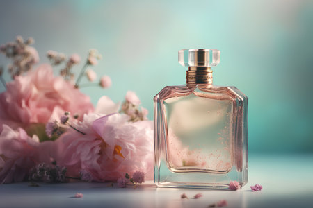 Perfume bottle with pink flowers on blue background, 3d renderの素材