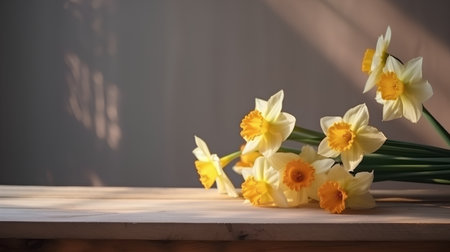 Yellow daffodils on a wooden table with a window in the backgroundの素材