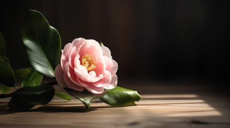 camellia flower on wooden table with dark background, shallow dofの素材