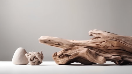 Still life with driftwood, skull and pebble on grey backgroundの素材