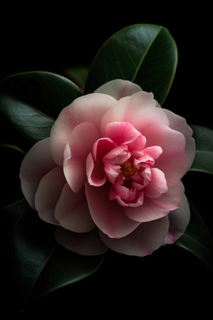 Camellia flower isolated on black background with clipping path.の素材