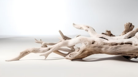 Wooden driftwood on a white background, close-up.の素材