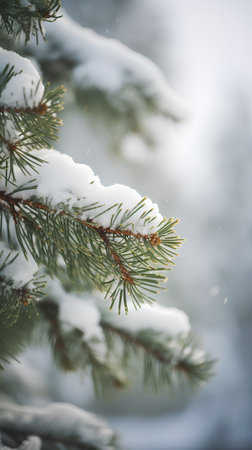 Spruce branches covered with snow in winter forest. Christmas background.の素材