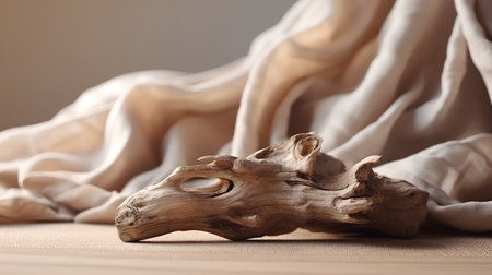 A piece of driftwood on the background of a white fabric.の素材