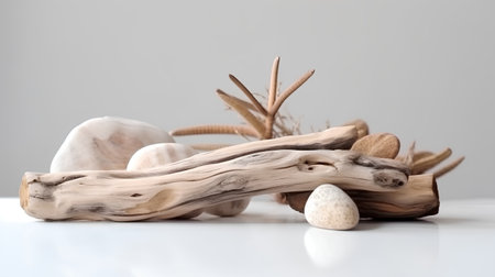 Still life with wooden driftwood and pebbles on white backgroundの素材