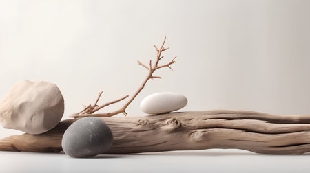 still life with stones and driftwood on white background with copy spaceの素材