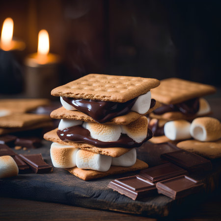 Cookies with marshmallows and chocolate on a wooden background.の素材