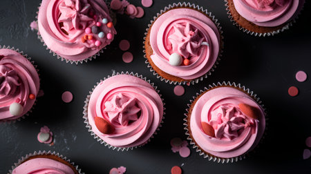 Pink cupcakes with pink buttercream frosting on a black backgroundの素材