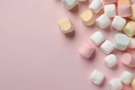 Colorful marshmallows on pastel pink background with copy spaceの素材
