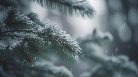 Fir branches covered with hoarfrost on a blurred background.の素材