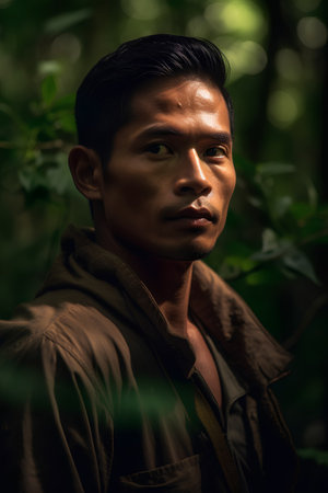 Portrait of young asian man in raincoat in the forestの素材