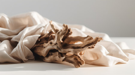 Crumpled white fabric and driftwood on a white background.の素材