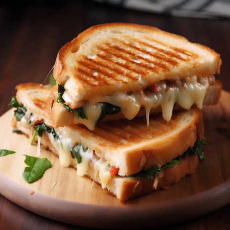 Sandwich with chicken, cheese and spinach on a wooden board.の素材