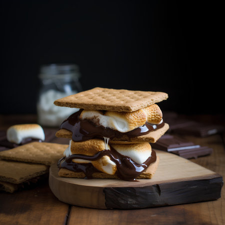 Sandwich cookies with chocolate and marshmallows on a wooden boardの素材