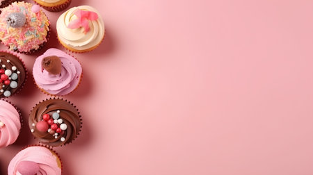 Colorful cupcakes on pink background. Top view with copy spaceの素材