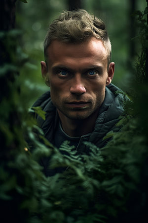 Portrait of a handsome man in the forest. Men's beauty, fashion.の素材