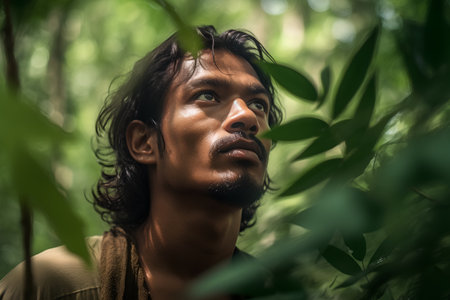 Portrait of a man in the jungle looking at the camera.の素材
