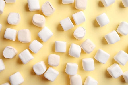 White marshmallows on a yellow background. Flat lay, top view.の素材