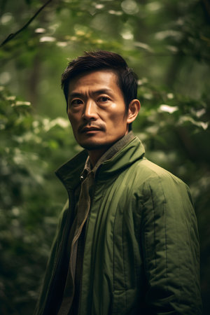 Portrait of handsome Asian man in green raincoat in the forestの素材