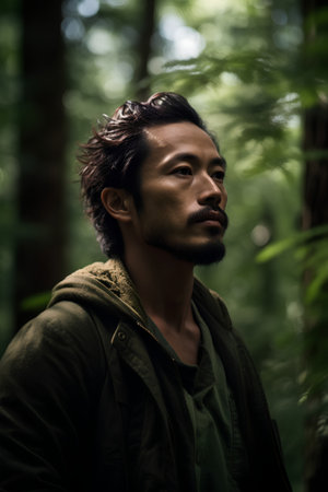Portrait of a handsome asian man in a green jacket standing in the forestの素材