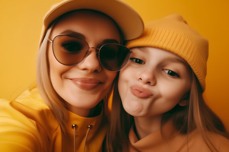 Two girls in sunglasses and a hat on a yellow background. Close-up.の素材