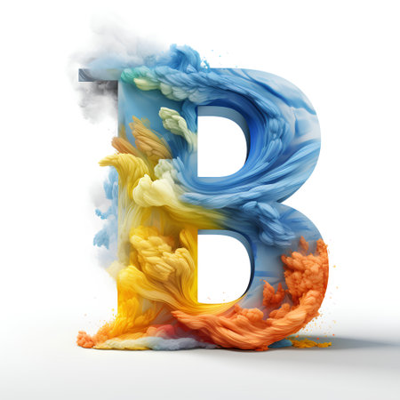 Letter B in the form of an explosion of colored smoke isolated on a white background. 3D illustrationの素材