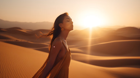 Beautiful young woman in the desert at sunset, 3d renderingの素材