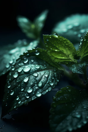 Fresh mint leaves with water drops on black background. Shallow DOF.の素材