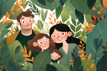 Happy family in the jungle. Vector illustration in a flat style.の素材