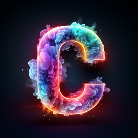 Fluid letter C in the form of an explosion of colored smoke. Vector illustrationの素材