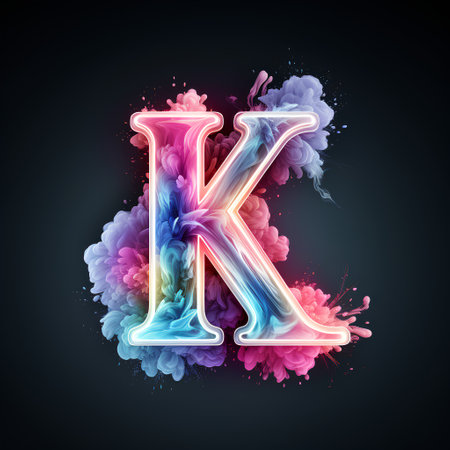 Alphabet K in colorful smoke isolated on black background. Vector illustrationの素材