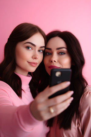 Two young women taking a selfie with a smartphone on a pink backgroundの素材