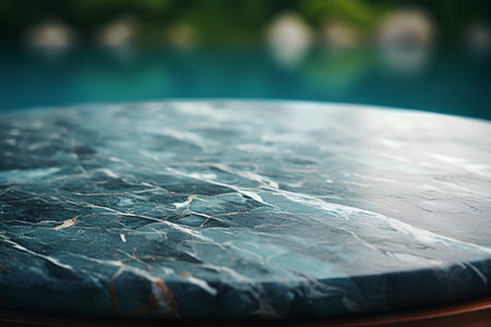 Close up of stone table top on blur green nature background. Natural background.の素材