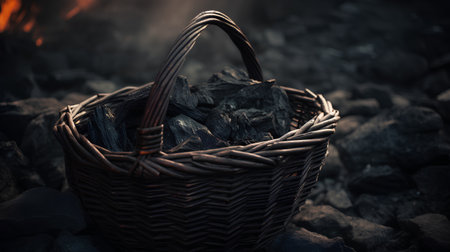 Wicker basket full of coal on a dark background. Selective focus.の素材
