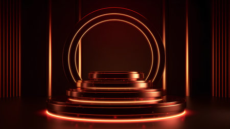 Abstract round podium illuminated with neon lights. Award ceremony concept. 3D Renderingの素材