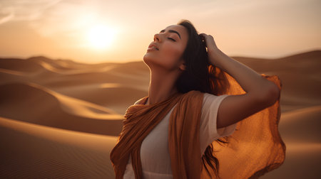 Beautiful asian woman in the desert at sunset.3d renderingの素材