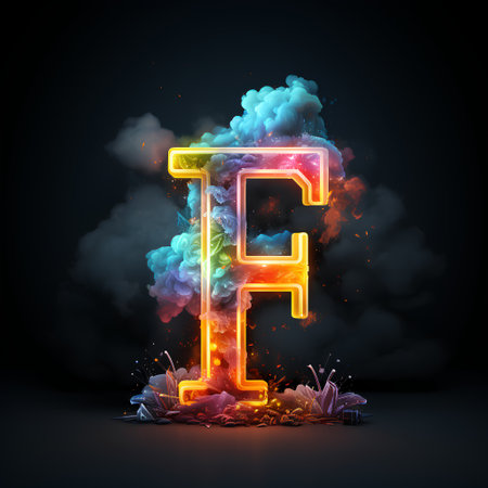 Glowing letter F in the form of a fiery explosion. Vector illustrationの素材