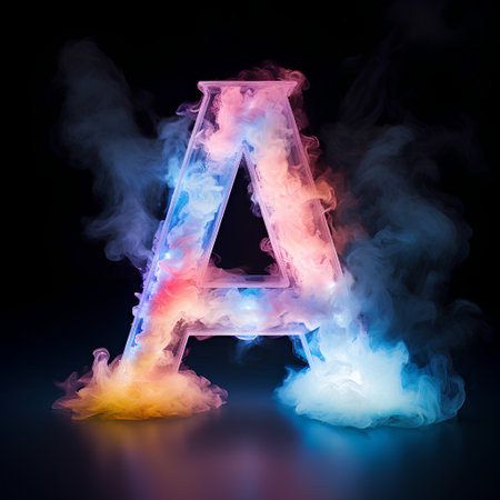 Letter A of the alphabet made from colored smoke isolated on black backgroundの素材